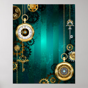 Steampunk Jewelry Watch on a Green Background Poster