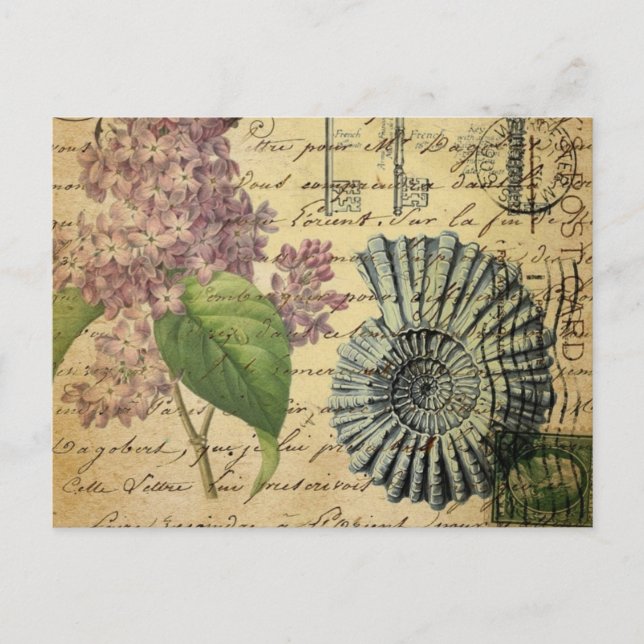 steampunk keys french botanical purple lilac postcard (Front)