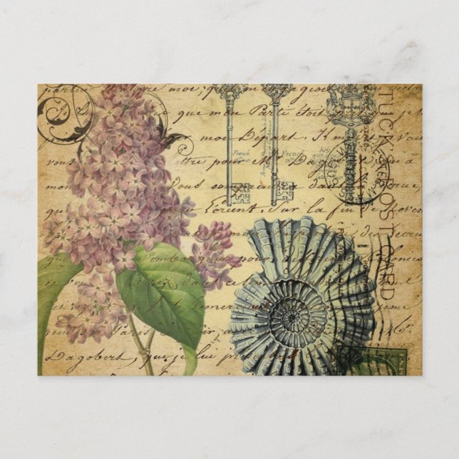 steampunk keys french botanical purple lilac postcard (Front)