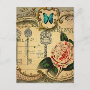 steampunk keys modern vintage pink flower camellia postcard