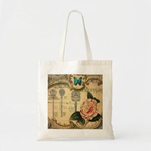 steampunk keys modern vintage pink flower camellia tote bag