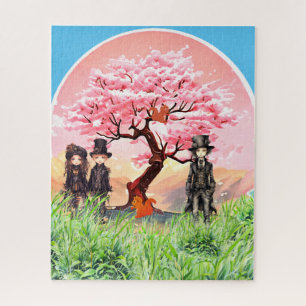 Steampunk Kids in Meadow with Cherry Blossom Tree Jigsaw Puzzle