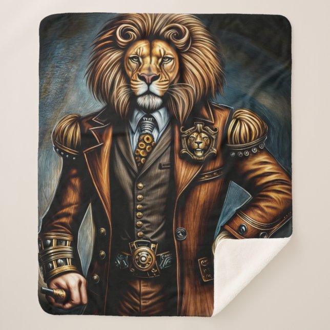 Steampunk lion in a suit sherpa blanket (Front)