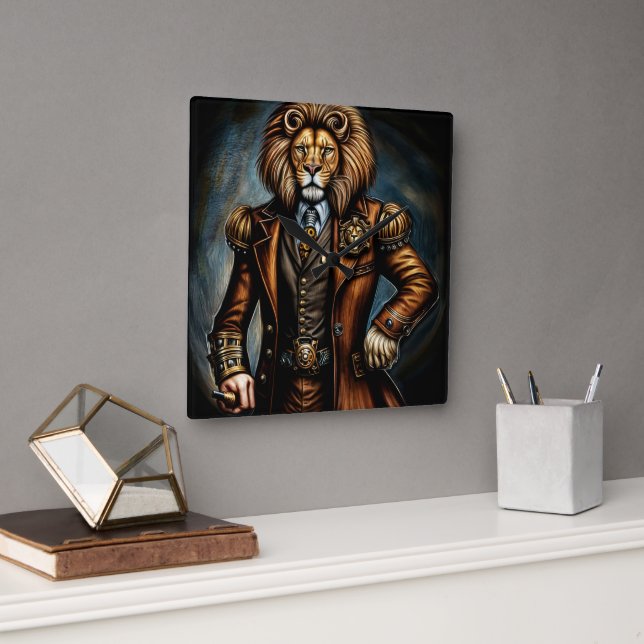 Steampunk lion in a suit square wall clock (Office)