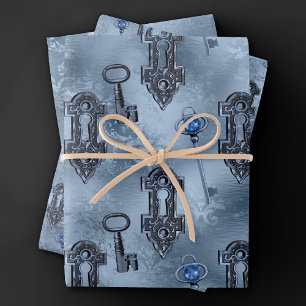 Steampunk Lock and Key Blue   Vintage Decoupage Wrapping Paper Sheet
