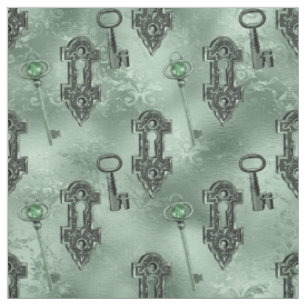 Steampunk Lock and Key Green Vintage Decoupage Fabric
