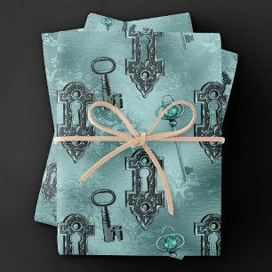 Steampunk Lock and Key Teal   Vintage Decoupage Wrapping Paper Sheet