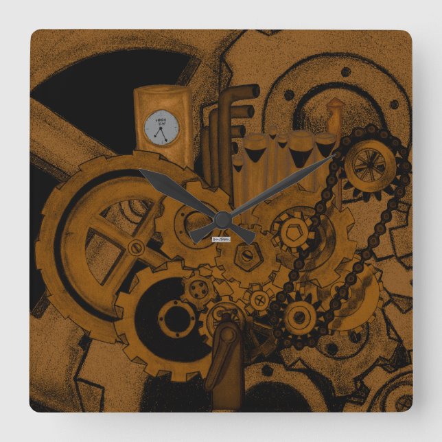 Steampunk Machinery (Copper) Square Wall Clock (Front)
