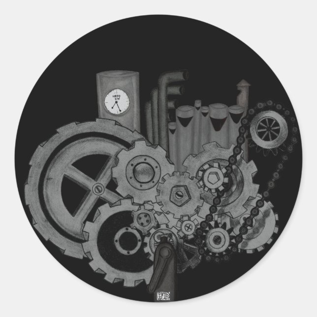 Steampunk Machinery (Monochrome) Classic Round Sticker (Front)