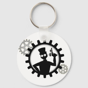 Steampunk Man Holding Gun in Gear Button Keychain