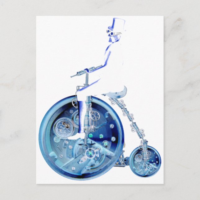 Steampunk man on penny farthing blue white neon postcard (Front)