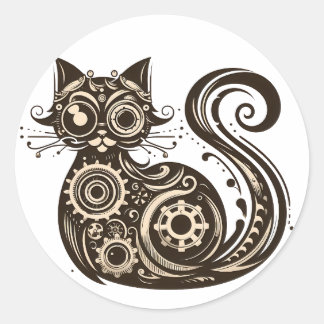 Steampunk Mechanical Cat Classic Round Sticker