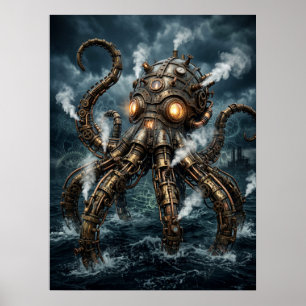  Steampunk Mechanical Octopus Rising From Ocean  Poster