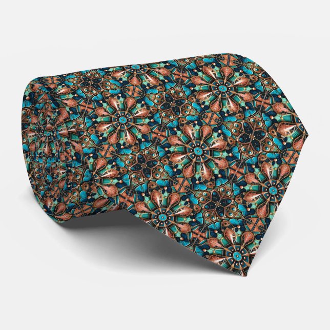Steampunk Medallion Pattern - Copper, Teal & Gold Tie (Rolled)