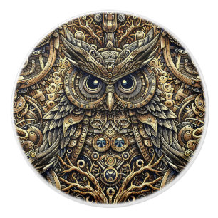 Steampunk Metal and Diamond Gold Owl Ceramic Knob