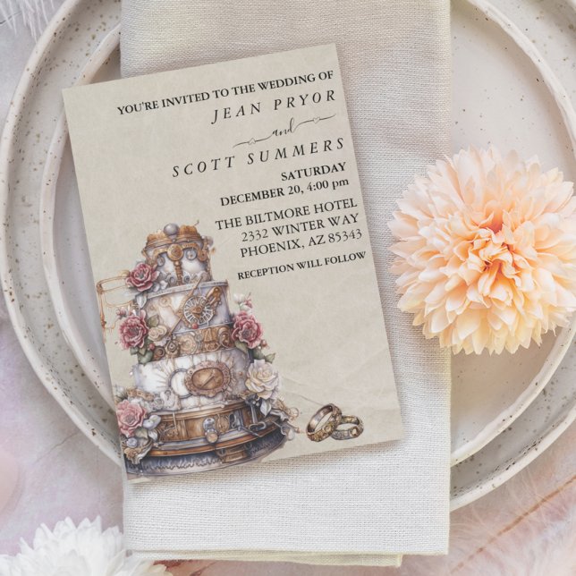 Steampunk Modern Simple Cake Rings Wedding Invitation (Creator Uploaded)