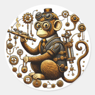 Steampunk Monkey with Ray Gun Classic Round Sticker