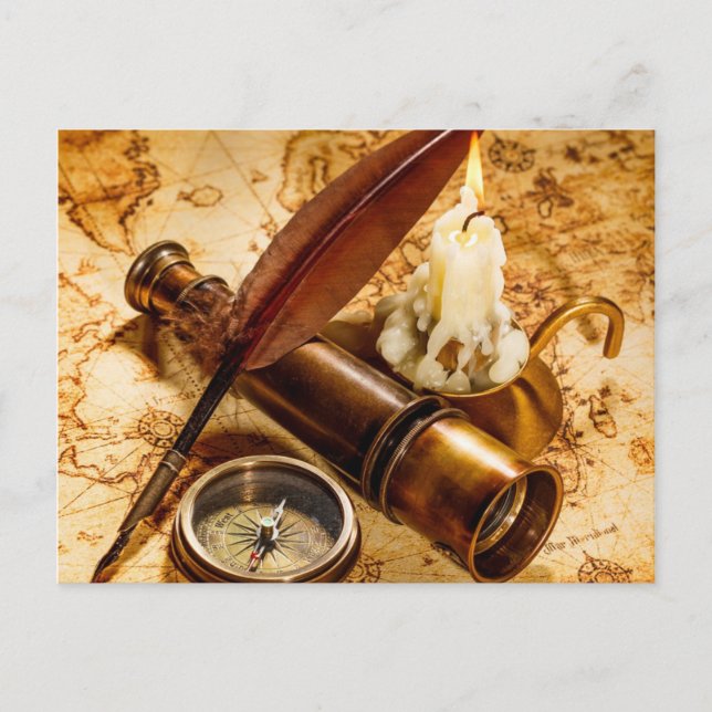 steampunk nautical telescope antique compass postcard (Front)
