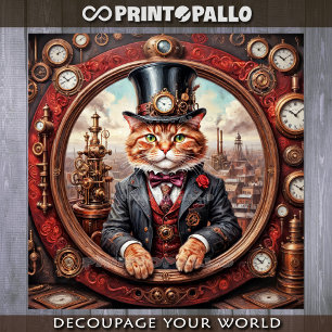 Steampunk noble red cat in a frame - Decoupage  Wrapping Paper Sheet