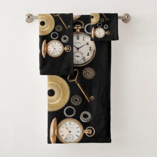 Steampunk objects Gears Pocket watch Skeleton Key Bath Towel Set