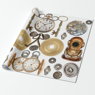 Steampunk objects Gears Pocket watch Skeleton Key Wrapping Paper