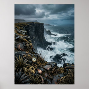 Steampunk Ocean Cliff Ruins Poster