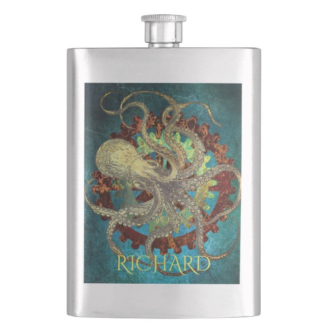 Steampunk Octopus & Clockwork Gears Classic Flask (Front)