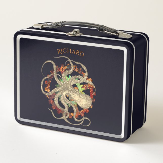 Steampunk Octopus & Clockwork Gears Personalised Metal Lunch Box (Front)