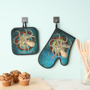 Steampunk Octopus & Clockwork Oven Mitt & Pot Holder Set