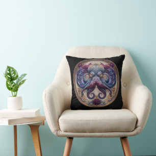 Steampunk Octopus Emblem with Purple Roses  Cushion