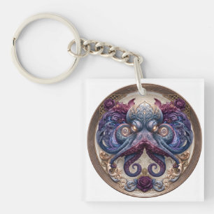 Steampunk Octopus Emblem with Purple Roses Key Ring