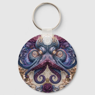 Steampunk Octopus Emblem with Purple Roses Key Ring