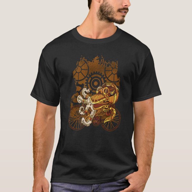 Steampunk Octopus Riding Bicycle Ocean Kraken Bike T-Shirt (Front)