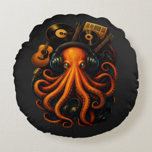 “Steampunk Octopus Round Pillow – Fantasy Music Ho (Front)