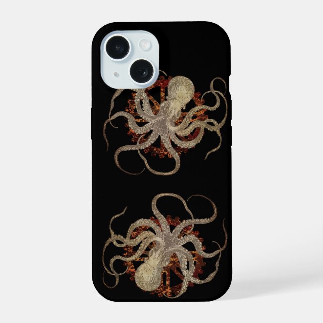 Steampunk Octopus & Rusty Clockwork Gear  iPhone 15 Case (Back)