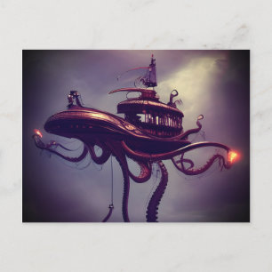 Steampunk Octopus Ship Fantasy Art Postcard
