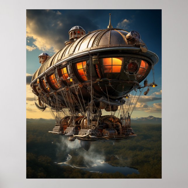 Steampunk Odyssey: Vintage Airship Watercolor Art  Poster (Front)