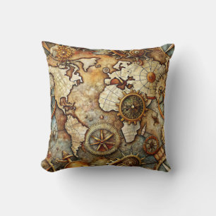 Steampunk Old Map Throw Pillow