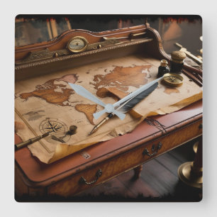 Steampunk Olde Worlde Map and Desk  Square Wall Clock