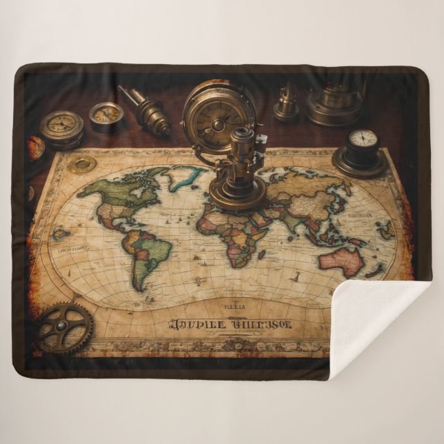 Steampunk Olde Worlde Map Sherpa Blanket (Front (Horizontal))