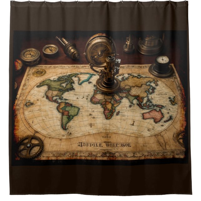 Steampunk Olde Worlde Map Shower Curtain (Front)