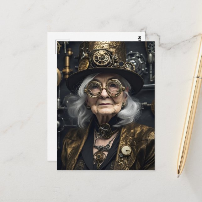 Steampunk Older Woman Postcard (Front/Back In Situ)