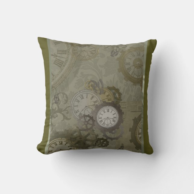 Steampunk olive green print cushion (Front)
