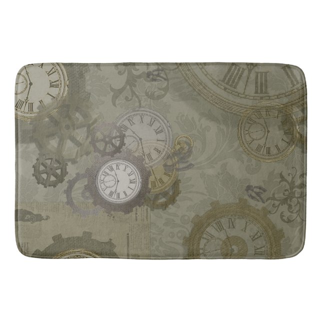 Steampunk olive green  print vintage bath mat (Front)