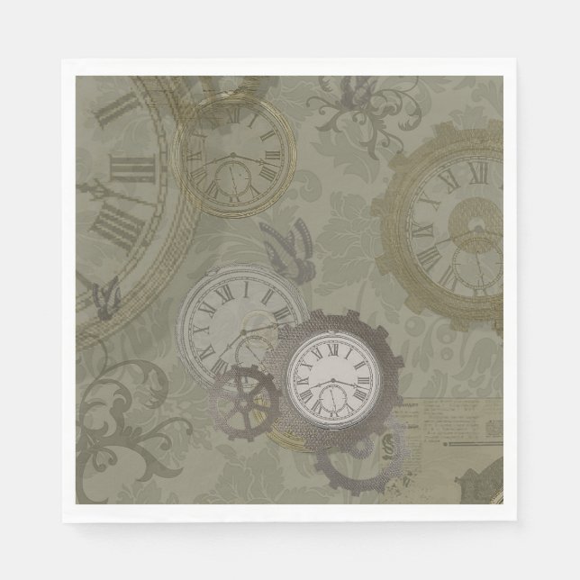 Steampunk olive green vintage print napkin (Front)