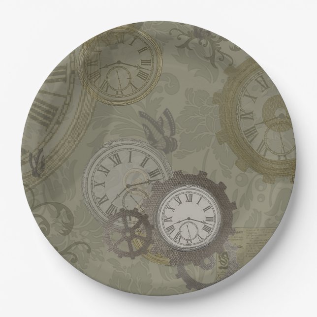 Steampunk olive green vintage print paper plate (Front)