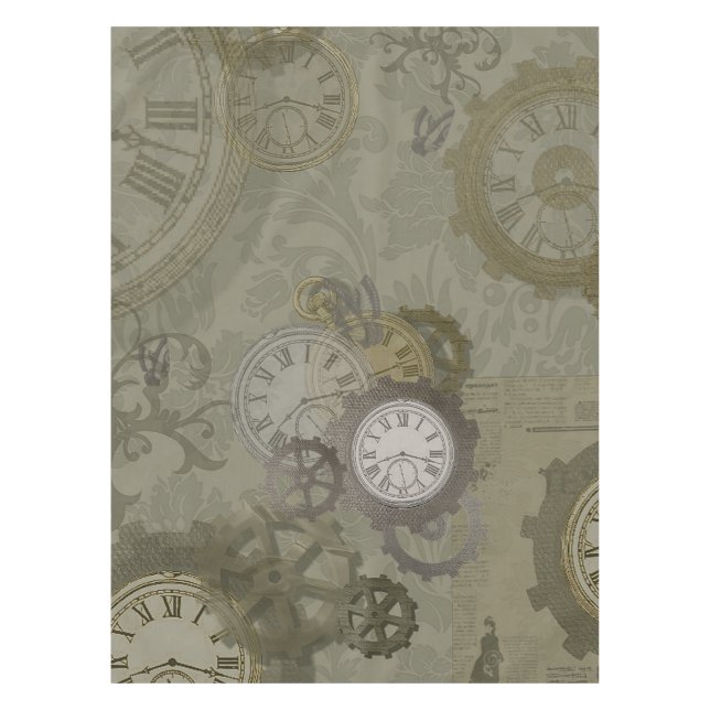 Steampunk olive green  vintage print tablecloth (Front)