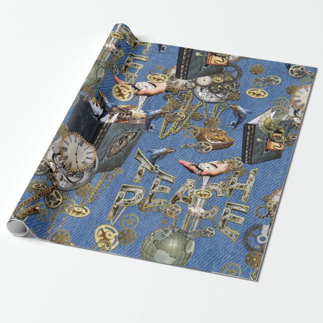 Steampunk on Blue Denim  Wrapping Paper (Unrolled)