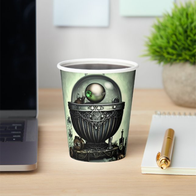 Steampunk Ornate Cauldron and Magic Items on Green Paper Cups (Insitu)