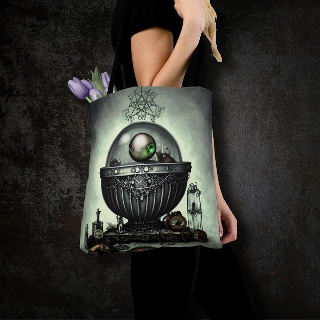 Steampunk Ornate Cauldron and Magic Items on Green Tote Bag (Creator Uploaded)